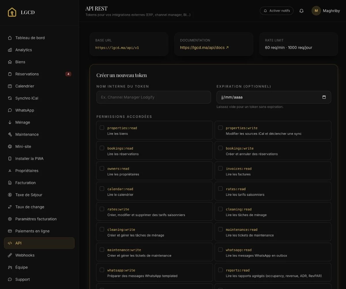 Console des webhooks LGCD : événements souscrits et historique des livraisons